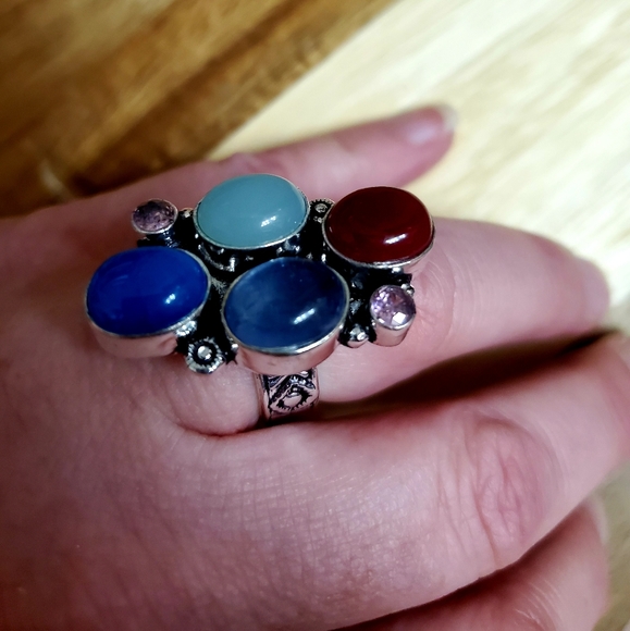 New Oversized Chalcedony, Iolite, Carnelian, Amethyst 925 Silver Ring. - Picture 7 of 12